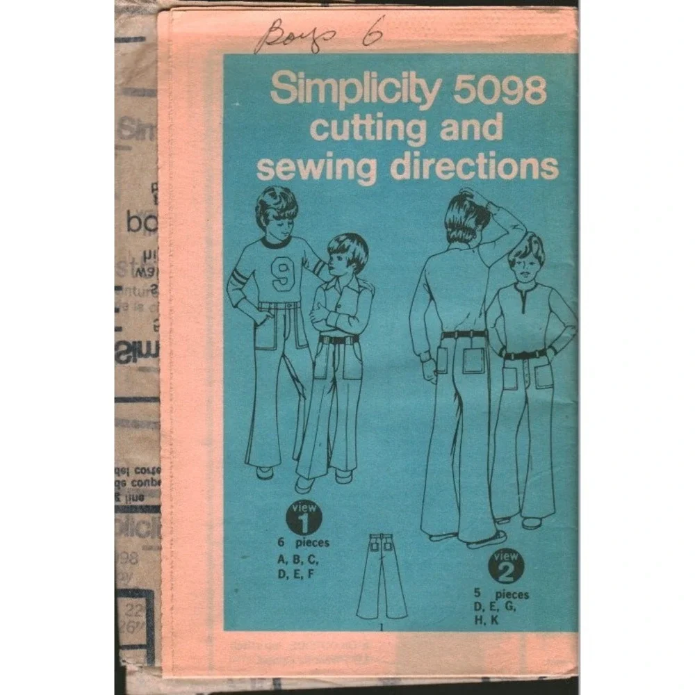 Vintage Simplicity 5098 Boys Size 6 Bell Bottom Pants Sewing Pattern 1970s Retro